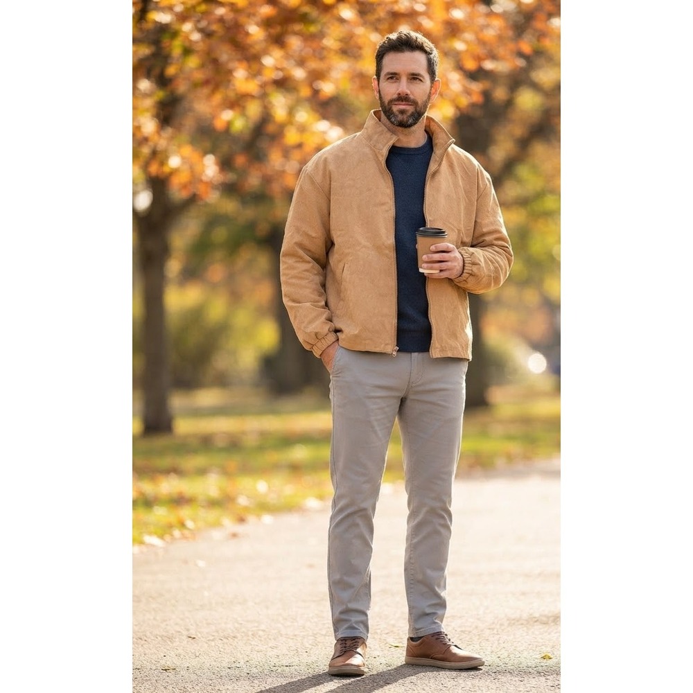 Monterey Club Mens Vintage Faux Suede Bomber Jacket Tan Camel Full Z Mock Neck M